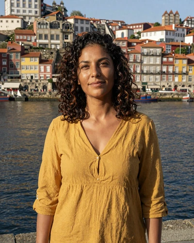 Portuguese woman Beatriz on the Ribeira waterfront in Porto with colorful buildings