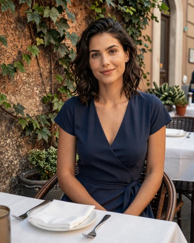 Italian woman Benedetta at an outdoor trattoria in Trastevere neighborhood Rome