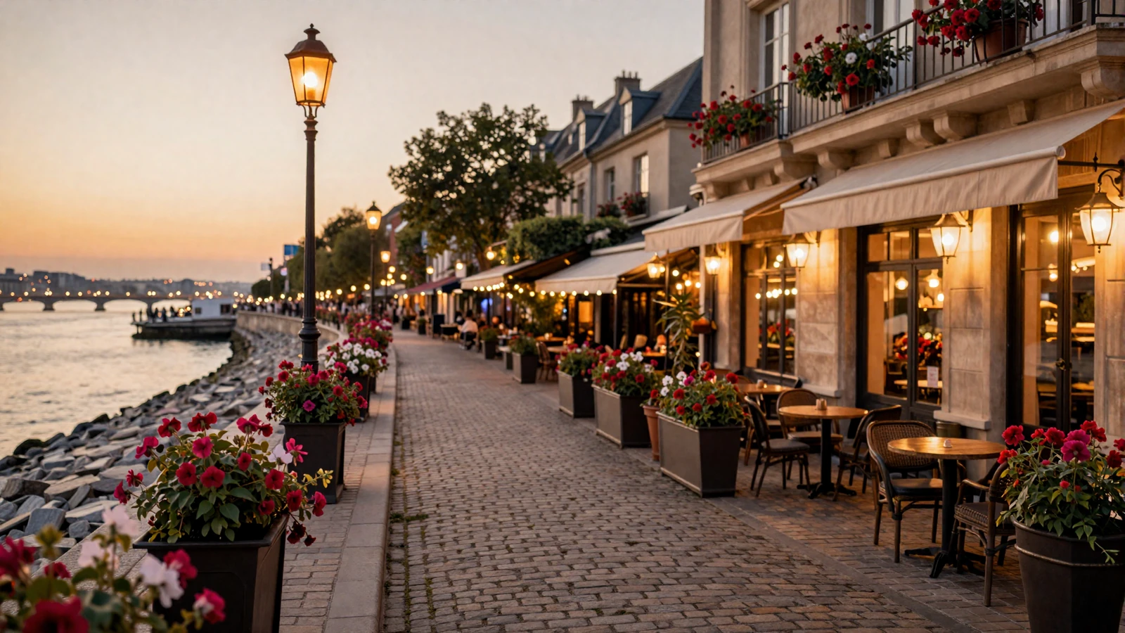 Charming European street scene blending Parisian cafe culture with Scandinavian waterfront at golden hour