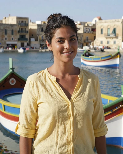 Maltese woman Antonia near colorful luzzu fishing boats in Marsaxlokk harbor Malta