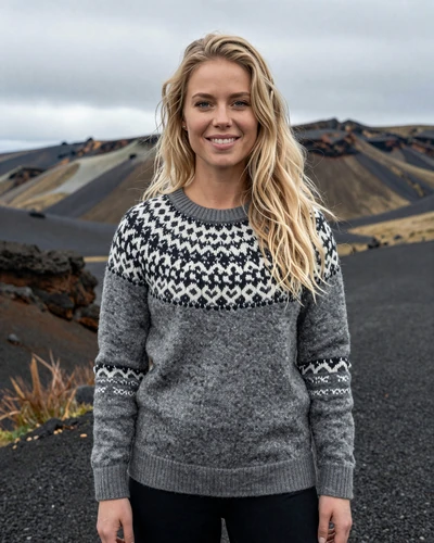Icelandic woman Birta wearing a traditional lopapeysa sweater in Icelandic landscape