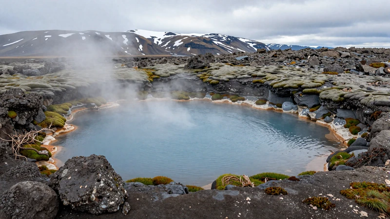 Natural geothermal hot spring in Icelandic wilderness surrounded by volcanic rocks and moss for Icelandic dating culture
