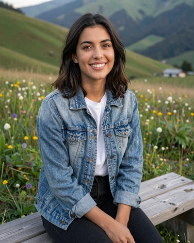 Andorran woman Aina sitting in a green mountain meadow near Ordino valley