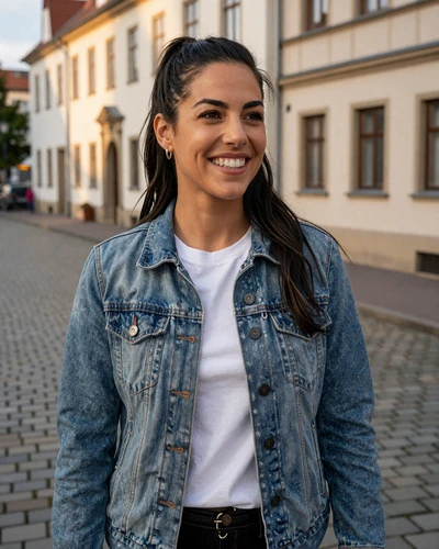 German woman Sophia laughing on a cobblestone street in Stuttgart
