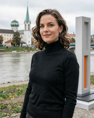 Austrian woman Sarah beside a modern art installation along the Danube in Linz