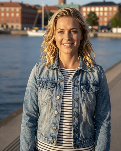 Swedish woman Saga on the Gothenburg waterfront at golden hour