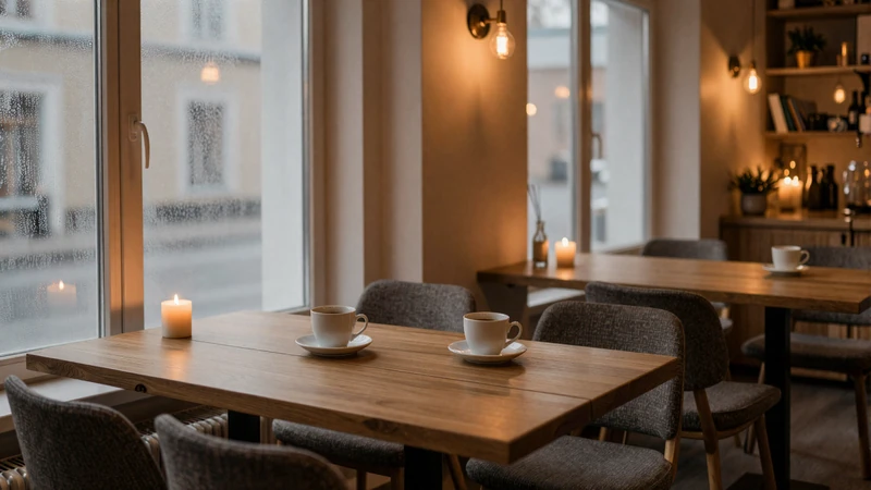 Cozy Scandinavian cafe interior with warm candlelight perfect for a Nordic fika date