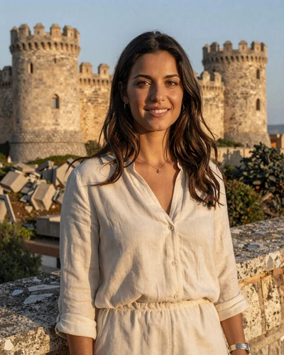 San Marinese woman Giulia smiling near the fortress walls in San Marino City