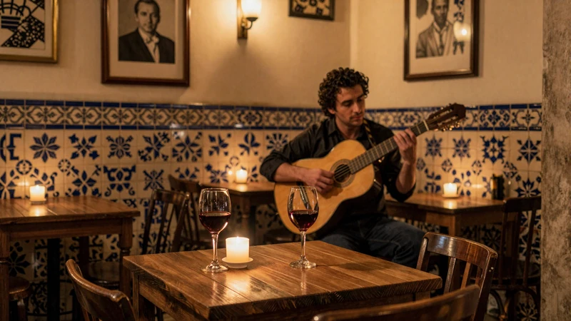 Traditional fado bar interior in Lisbon Alfama with candlelight and Portuguese guitar perfect for romantic dating