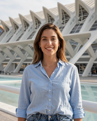 Spanish woman Maria near the City of Arts and Sciences futuristic architecture in Valencia