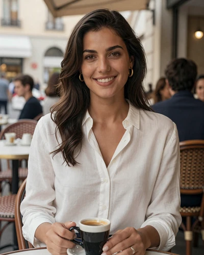 Italian woman Valentina at an outdoor cafe in Milan with espresso