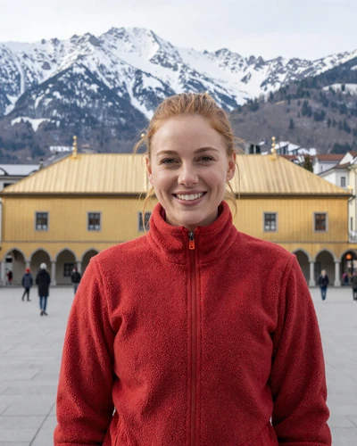 Austrian woman Julia near the Golden Roof in Innsbruck with Alpine mountains behind