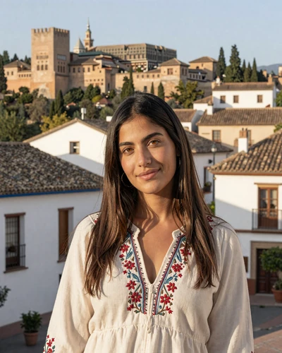 Spanish woman Sofia in the Albaicín neighborhood of Granada with the Alhambra palace behind