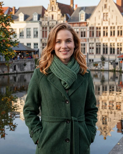 Belgian woman Marie beside a canal in Ghent with medieval buildings behind her