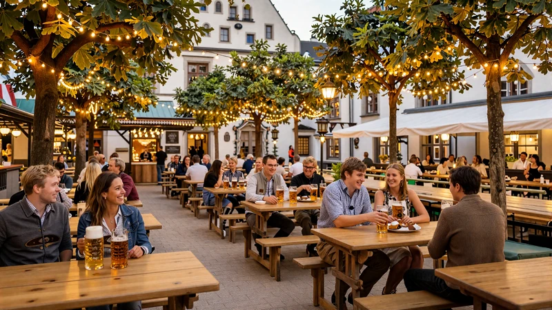 Cozy German beer garden in Munich with string lights and chestnut trees ideal for dating