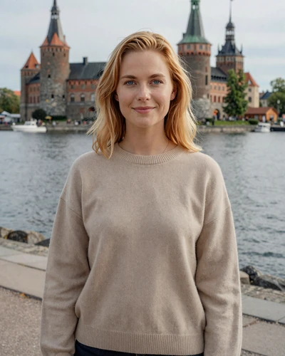 Danish woman Nanna on the Helsingør seaside promenade with Kronborg Castle behind