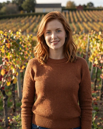 French woman Chloé in a Bordeaux vineyard during golden hour