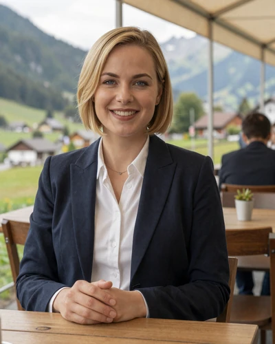 Liechtenstein woman Elena at an outdoor cafe in Eschen with mountain views