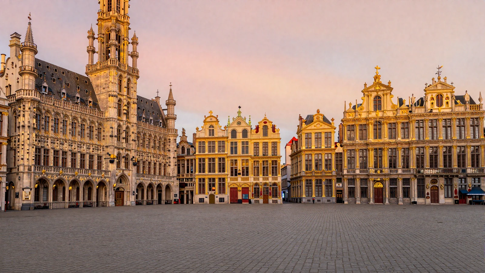 Grand Place in Brussels Belgium at golden hour with ornate guild houses for Belgian women dating