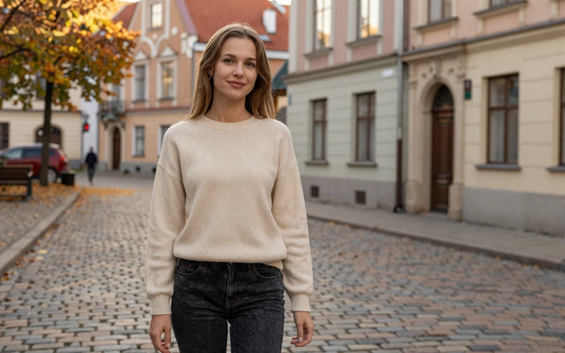 Latvian woman in Riga Old Town with Art Nouveau architecture in autumn light
