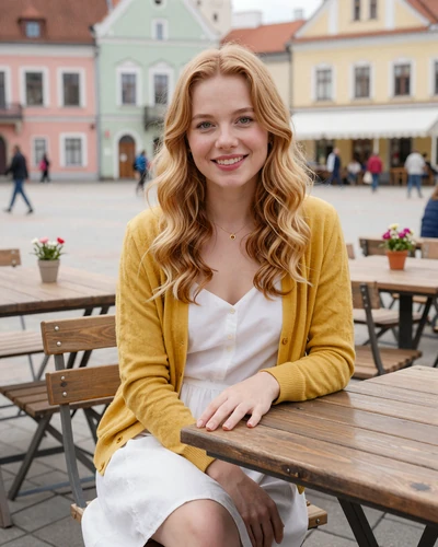 Estonian woman Anneli at an outdoor cafe in Tartu Town Hall Square on a spring day