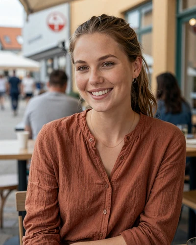 Danish woman Sofie at an outdoor cafe in Odense old town smiling warmly