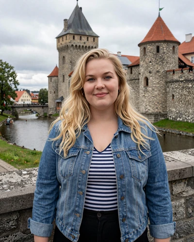 Swedish woman Klara near Örebro Castle with medieval stone walls behind