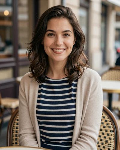 French woman Camille smiling at a Parisian cafe terrace in Le Marais