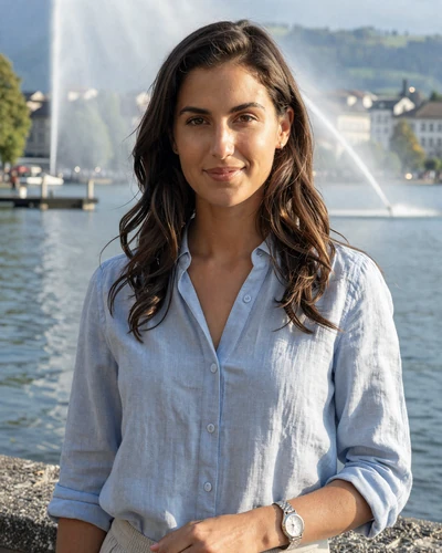 Swiss-French woman Camille near Lake Geneva with Jet d Eau fountain in the background