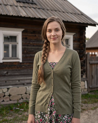 Latvian woman Agnese beside a traditional wooden house in Rēzekne Latvia
