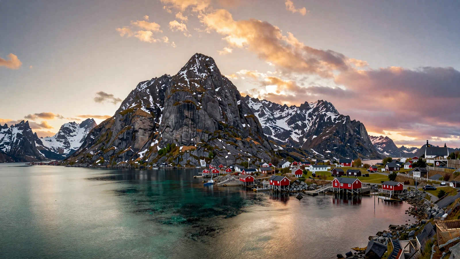 Dramatic Norwegian fjord landscape at sunset with snow-capped mountains for Norwegian women dating