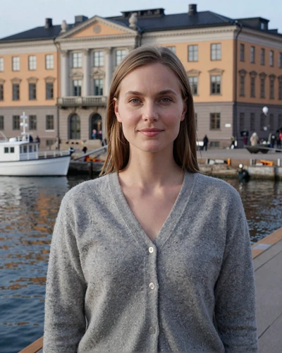 Finnish woman Aino smiling near the Helsinki harbor waterfront