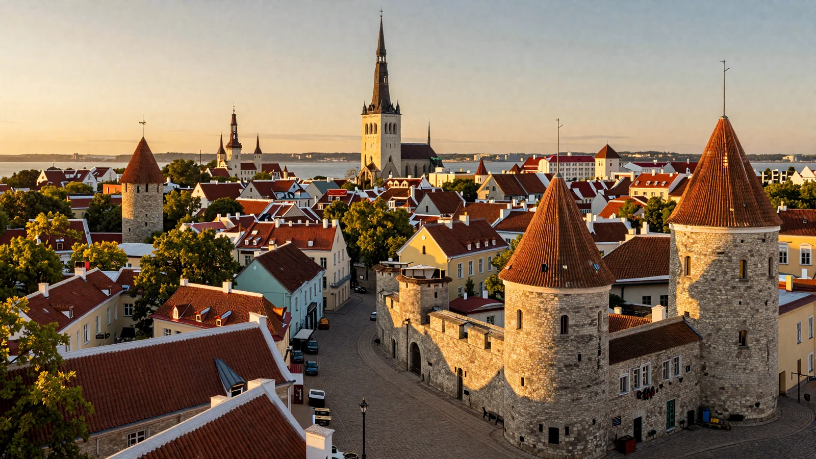 Panoramic golden hour view of Tallinn Old Town medieval towers and Baltic Sea for Estonian women dating