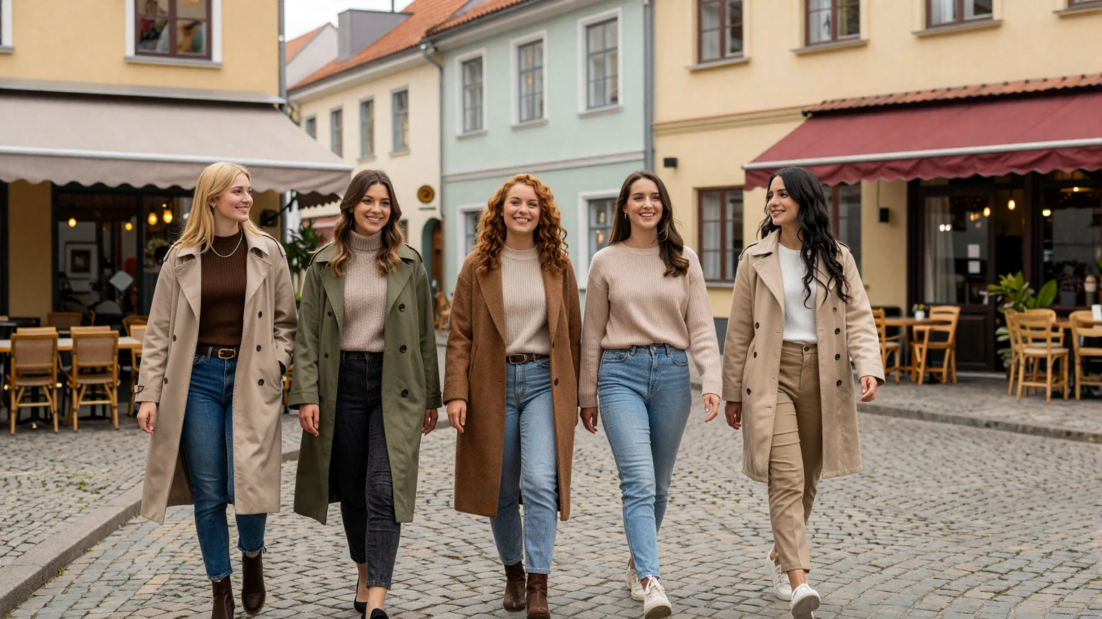 Diverse group of European women walking confidently on a charming European city street