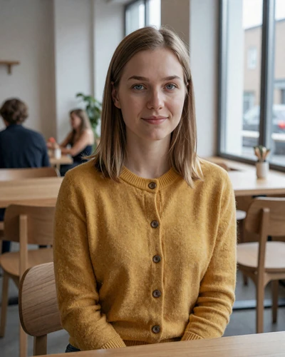 Finnish woman Helmi at a minimalist Nordic cafe in Lahti with warm lighting
