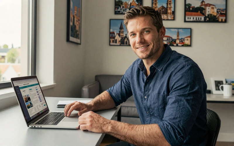 American man setting up his european dating profile on laptop at home with travel photos in background