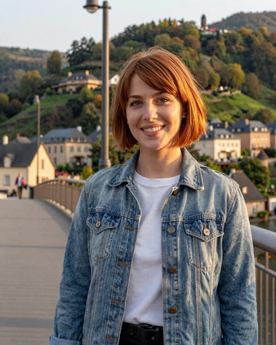 Luxembourg woman Claire on a pedestrian bridge in Differdange with green hills behind