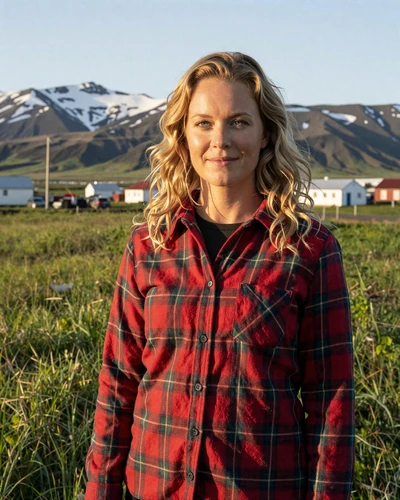 Icelandic woman Embla on a farm near Selfoss with green pastures and snow-capped peaks behind