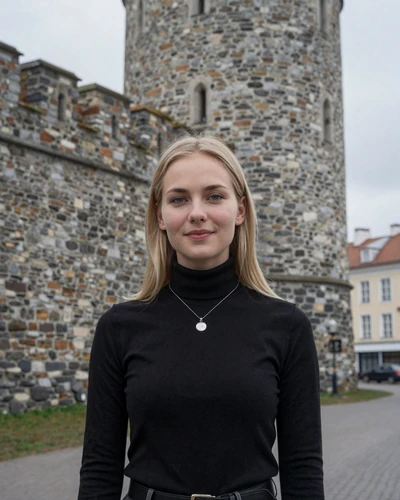 Estonian woman Kertu in Tallinn medieval Old Town with stone towers