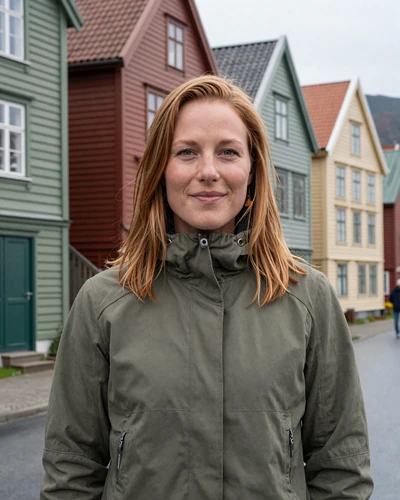 Norwegian woman Maja in front of colorful Bergen houses