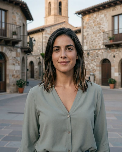 Andorran woman Meritxell in a historic stone village square in Escaldes-Engordany