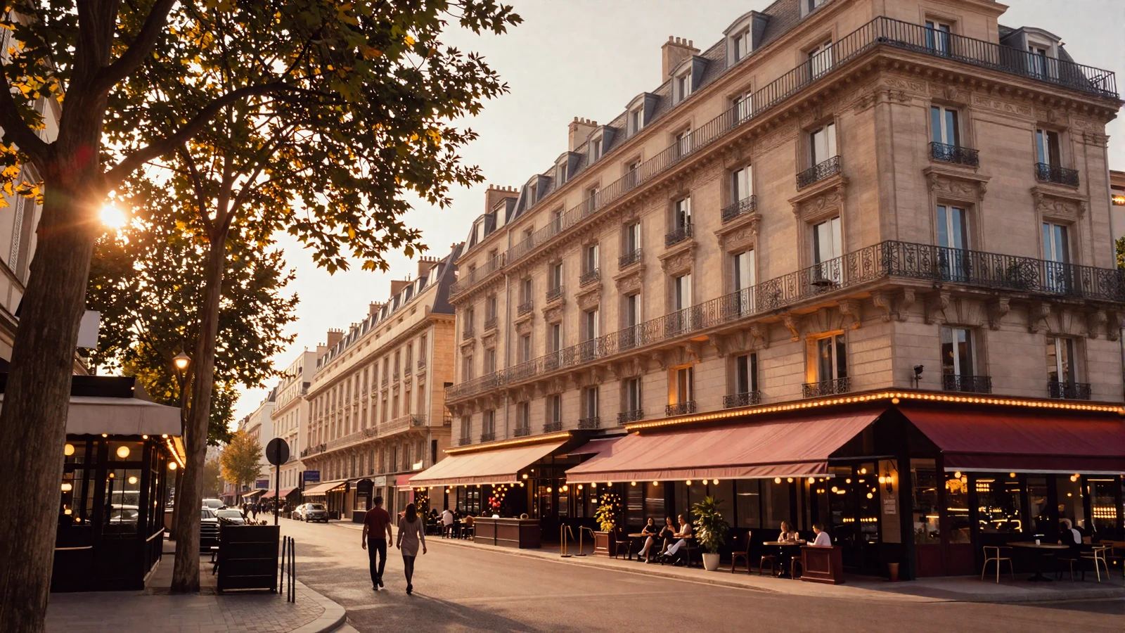 Romantic European boulevard at golden hour perfect for dating