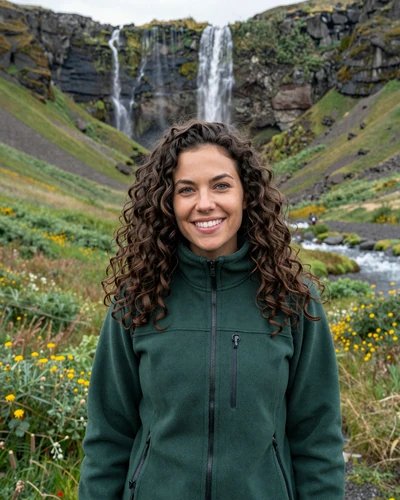Icelandic woman Katrin smiling in a green valley near Mosfellsbaer with a waterfall behind