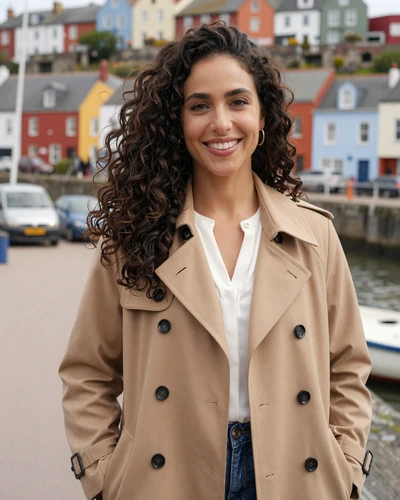 British woman Grace near colourful Bristol harbour houses
