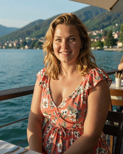 Austrian woman Anna at a lakeside terrace by Lake Wörthersee in Klagenfurt