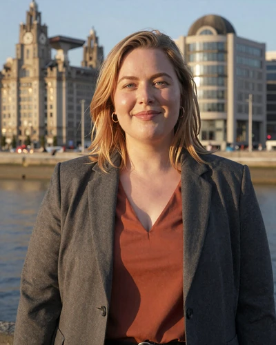 British woman Amelia on the Liverpool waterfront at golden hour
