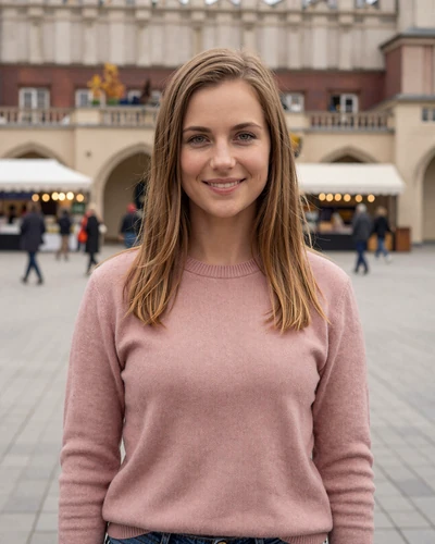 Polish woman Katarzyna in Krakow Main Market Square with historic cloth hall