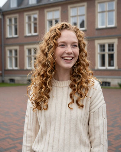 Dutch woman Mila with curly strawberry-blonde hair outside Groningen university