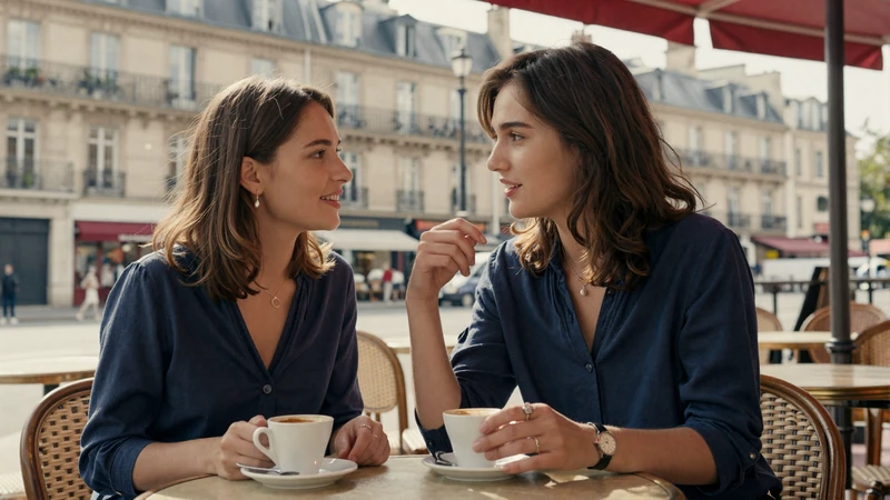 Couple enjoying conversation at an outdoor Parisian cafe terrace during European dating