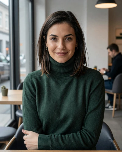 German woman Anna at a modern cafe in Berlin